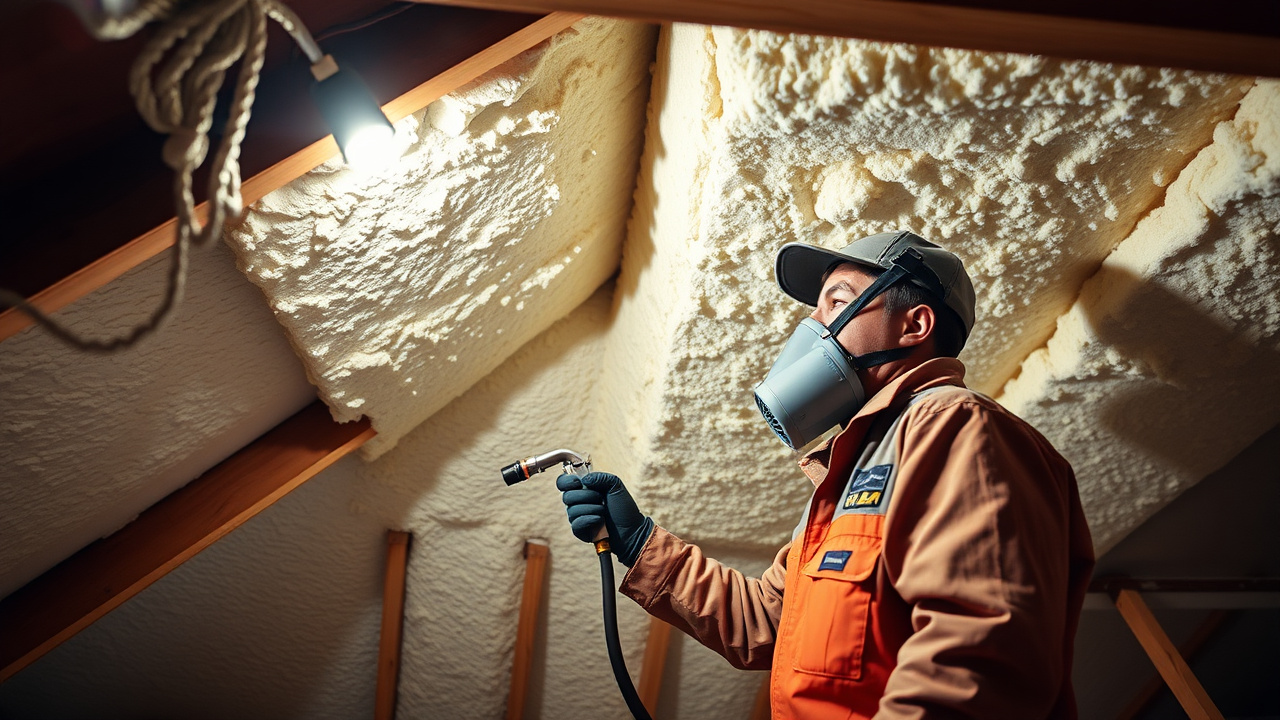Technician spray-applying closed-cell spray foam insulation into an attic roof deck in Cleveland, Ohio